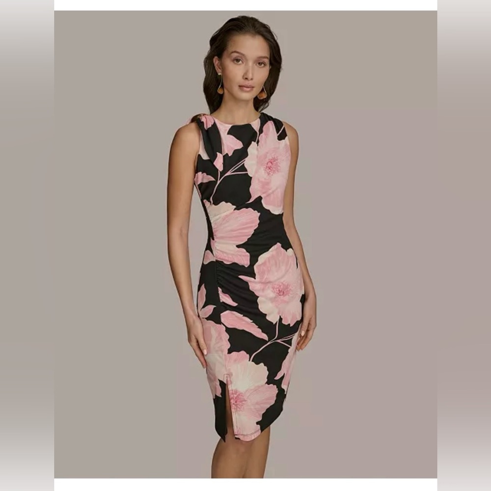 Donna Karan Pink and Black Floral Midi Dress